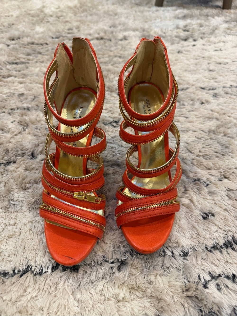 Orange Multi-Zip Strappy High Heel Sandals
